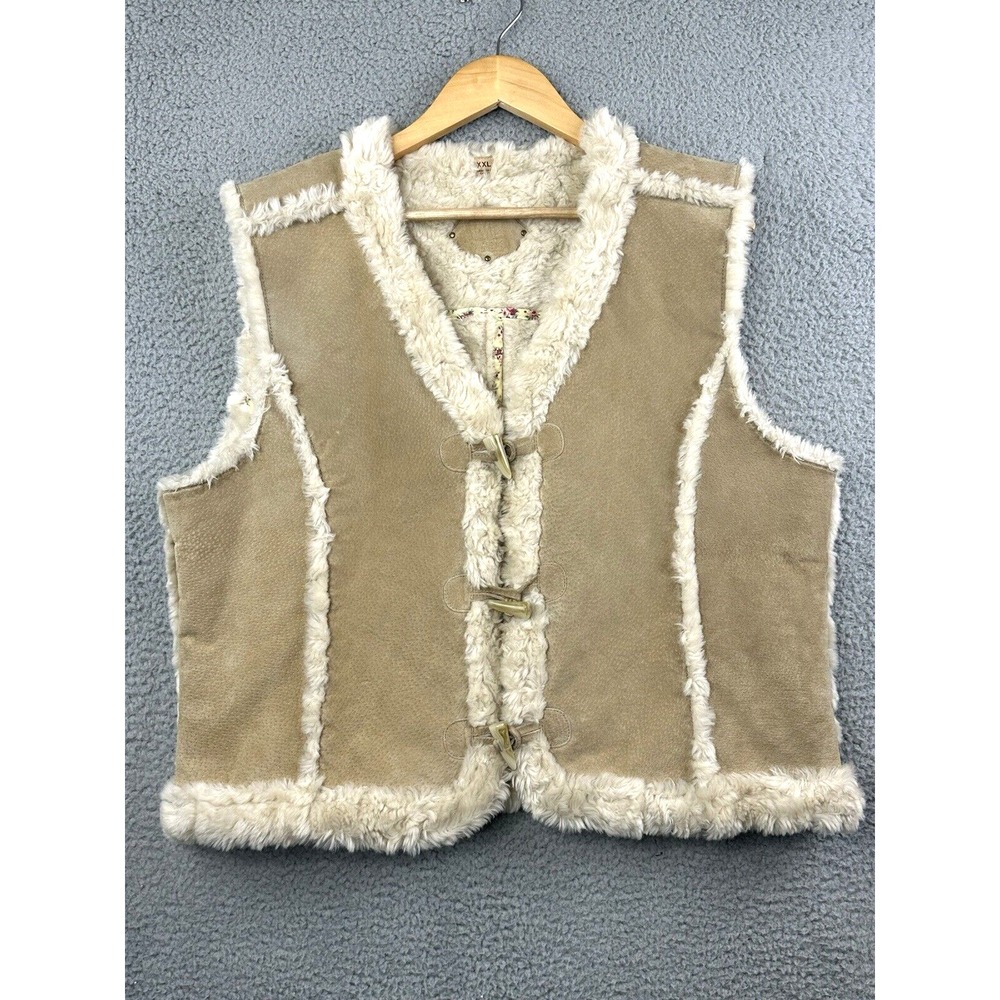 VTG Wilsons Leather Suede Vest Womens XL Tan Faux Fur Lined Toggle Buttons Boho
